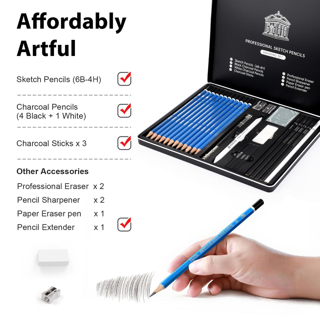 ROCOD Sketch Pencils for Kids and Adults Drawing, 26-Piece Profession Sketching Pencils, Drawing Pencil for Artists Beginner Sketching, Art Graphite Pencil 6B to 4H ROCOD