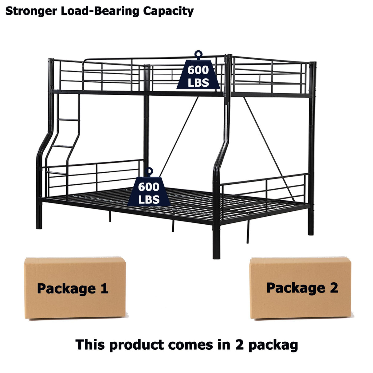 Movdevy Metal Full XL Over Queen Bunk Bed for Kids Adults Teens Boys, Stronger Metal Queen Size Bunk Beds, Heavy Duty Bunk Bed Full XL Over Queen with Ladder & Guardrail, No Box Spring Need (Black) Movdevy