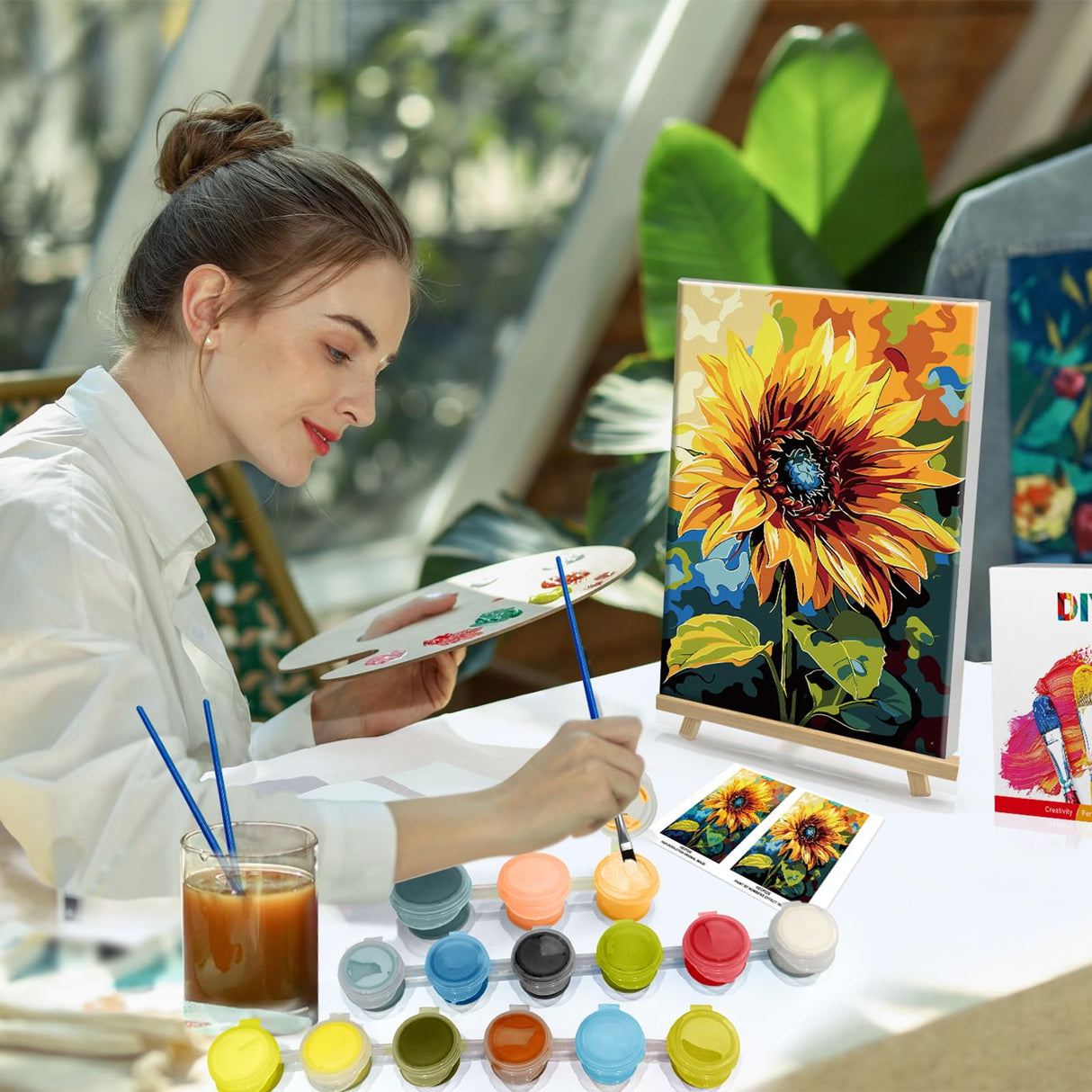 HeeBenor Framed Paint by Numbers Kit for Adults, Sunflower Paint by Number with Easel, DIY Flowers Acrylic Oil Painting Kit, Adult Paint by Number Kits Framed Canvas for Home Decor 8x12 Inch HeeBenor