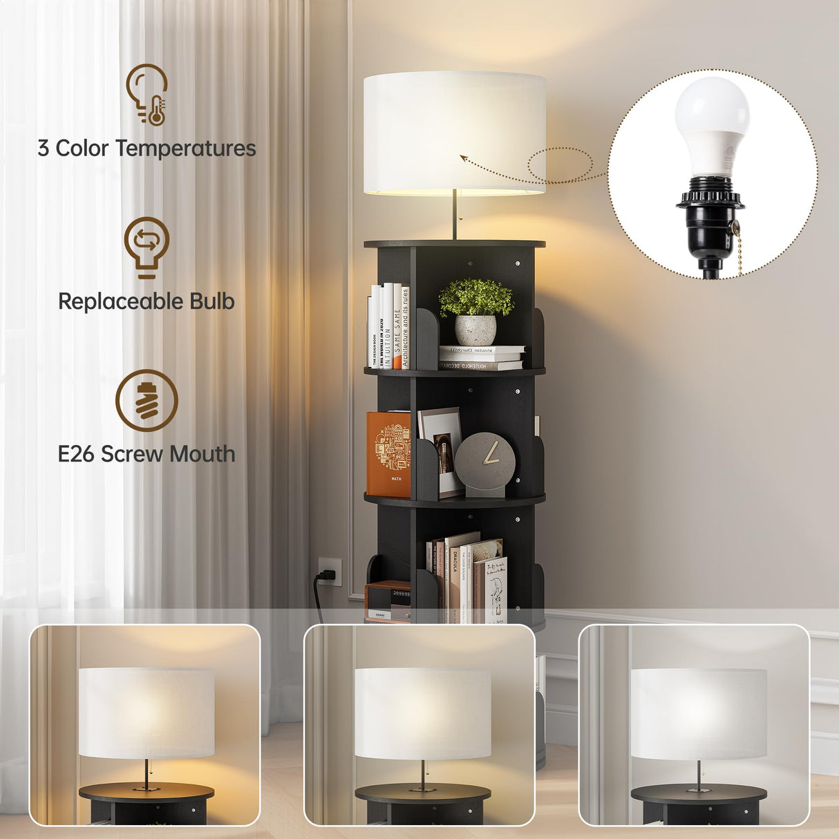 iabifo Black Rotating 4-Tier Bookshelf with Adjustable Lights, 360° Spinning Bookcase Tower, Tall Floor Standing Book Shelf for Bedroom, Living Room iabifo