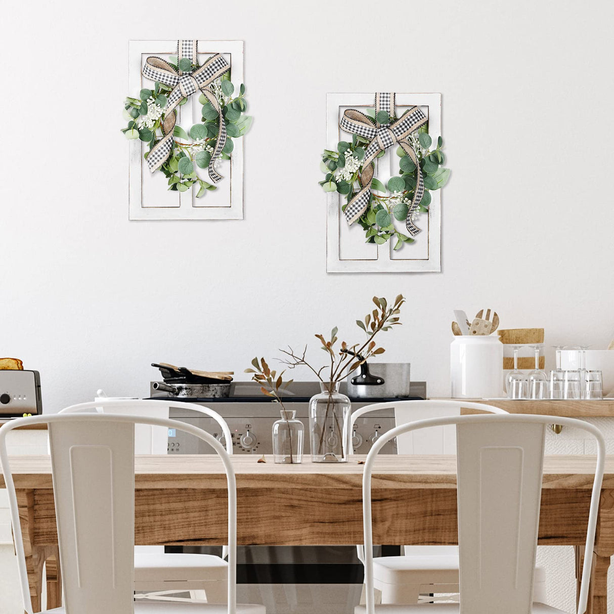 2 Pieces Farmhouse Wall Decor Wood Window Frame with Eucalyptus Wreath Rustic Farmhouse Decor Living Room Farmhouse Wall Art Plaid Bow Wood Window Decor Wooden Wall Pediments, 13. 8 x 8.9 Inch, White Namalu