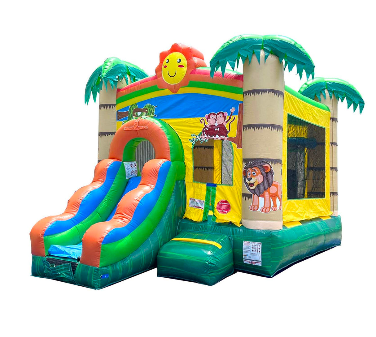 Inflatable Bounce House with Slide for Kids (Without Blower) - 18 x 12 x 14.5 Foot Tropical Smiley Face Backyard Inflatable Bouncy House - Built-in Bladder Water Misting System Pogo Bounce House