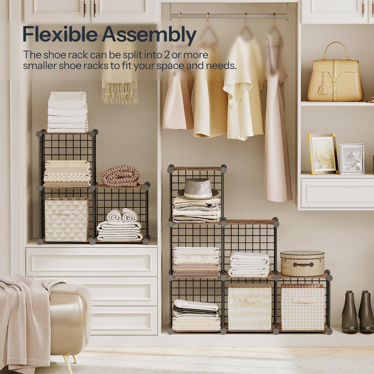 HOOBRO Cube Storage Organizer, Wire Cube Storage, 6-Cube Metal Grid Storage Shelf, Modular Cabinet, DIY Cube Bookshelf, for Living Room, Bedroom, Study, Rustic Brown and Black BF06CW01 HOOBRO