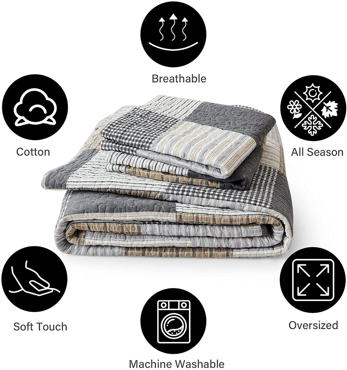 PANGUSHAN Twin Size Quilt Set, 100% Cotton Patchwork Plaid Quilt Bedding Set, Reversible Lightweight Comforter, 2 Pieces in Gray, Black, Tan, White, Cream PANGUSHAN