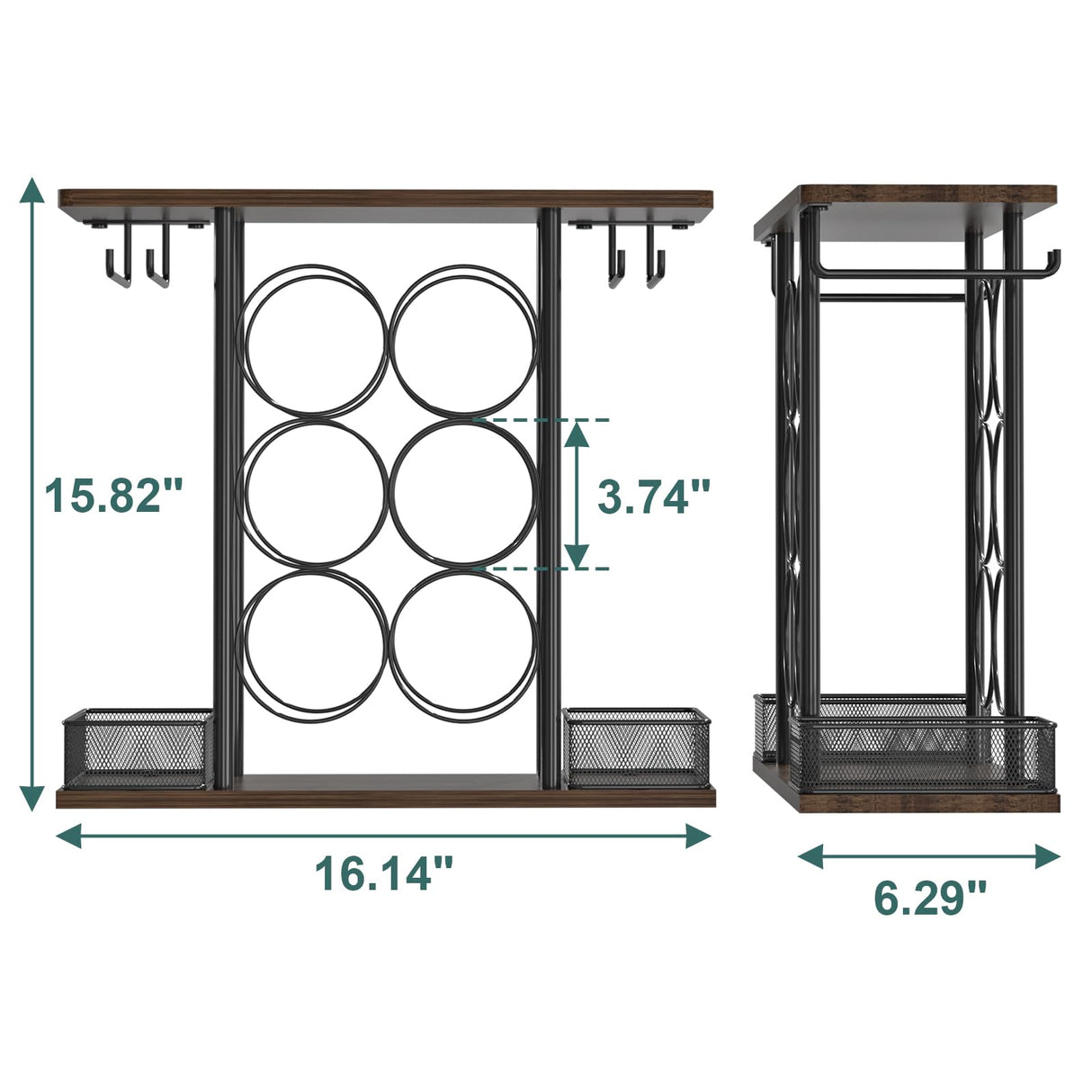 VyGrow Wine Rack, Sturdy Wine Holder, 3 Tier Wood & Metal Wine Racks Counertop, Easy Assembly Wine Bottle Holder for 6 Bottles and 4 Glasses for Home, 6.29" D x 16.14" W x 15.82" H VyGrow
