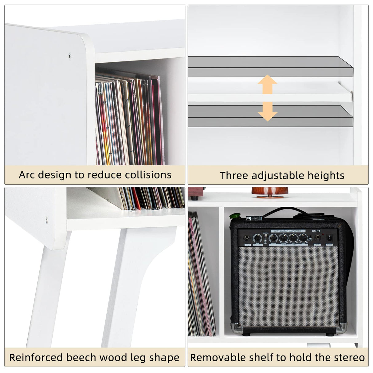 Lerliuo Record Player Stand with 4 Cabinet Holds Up to 220 Albums, Large Turntable Stand with Beech Wood Legs, Mid-Century Record Player Table,White Vinyl Holder Storage Shelf for Bedroom Living Room Lerliuo