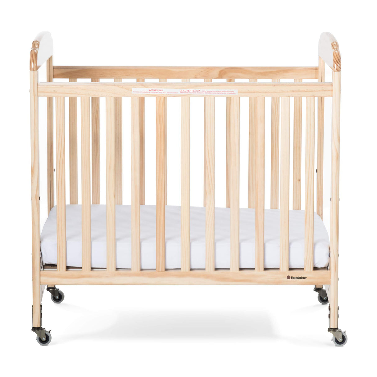 Foundations Serenity Compact Clearview Daycare Crib, Fixed Side, Durable Wood Construction, Adjustable Mattress Board, Clear End Panels. Includes 3” InfaPure Foam Mattress (Natural) Foundations