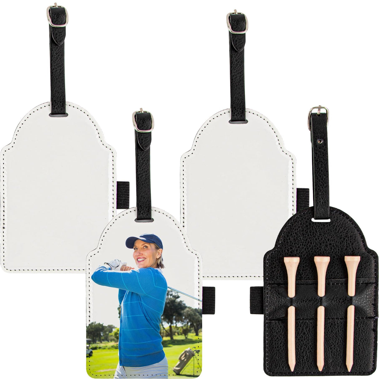 Framendino, 4 Pack Sublimation Blank Golf Tee Holders with Golf Tees Pu Leather Golf Ball Storage Bag for DIY Heat Transfer Framendino