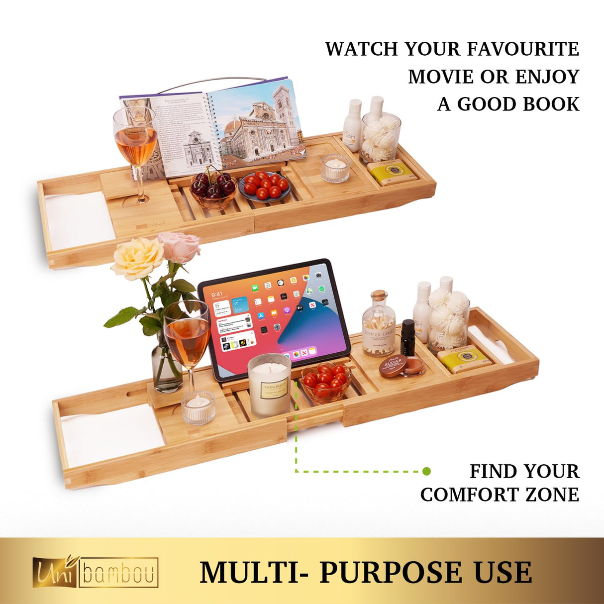Bamboo Bathtub Caddy Tray for Luxury Bath, Expandable Bath Tray for Tub with Book and Wine Holder- Gift Idea for Loved Ones Unibambou