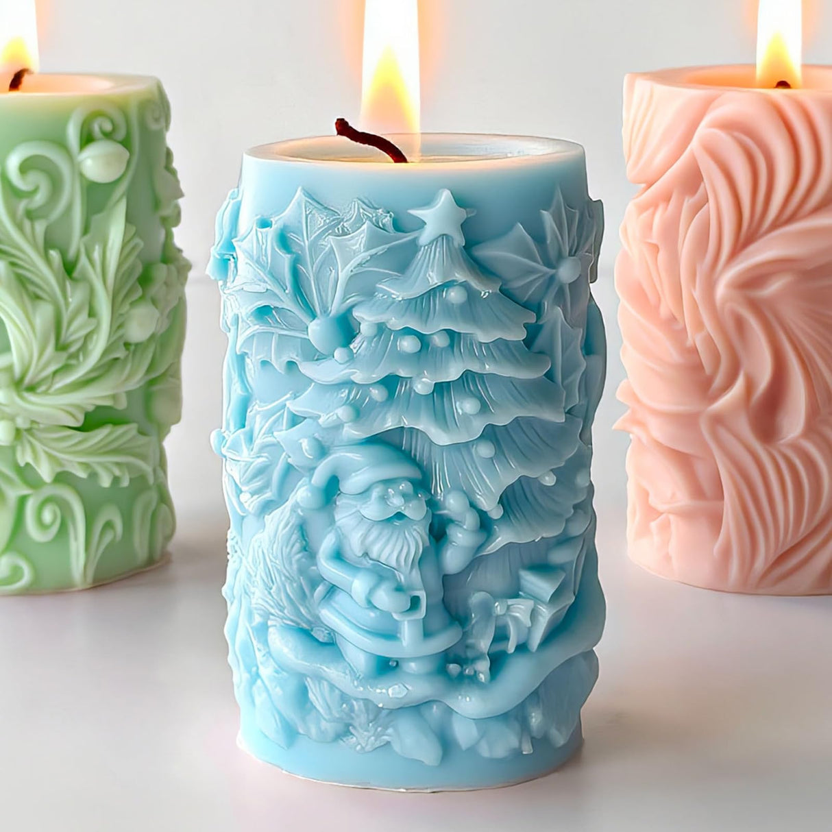 Wehous Christmas Candle Molds, 3D Embossed Santa Tree Holly Cylinder Silicone Molds for Resin Candle Soap Wax, Christmas Ornament Fondant Chocolate Dessert Mold Art Craft Xmas Decor (Santa & Tree) Wehous