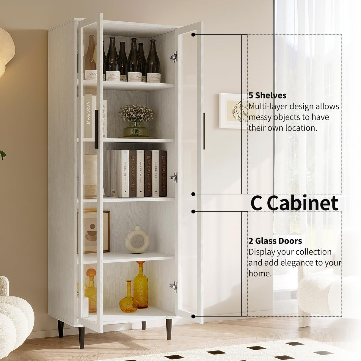 TUSY 70.9“ H Display Cabinet with Glass Doors, 5-Tier Curio Cabinet, Narrow Display Bookcase for Home, Office, Clinic, Pantry (White) TUSY