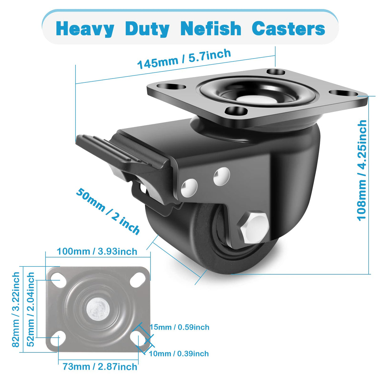 Nefish 3 Inch Caster Wheels Set of 4, Heavy Duty Plate Swivel Casters 4400 LBS, Low Center of Gravity Design Nylon Industrial Caster Wheels for Equipment, Machine, Toolbox Workbench Nefish