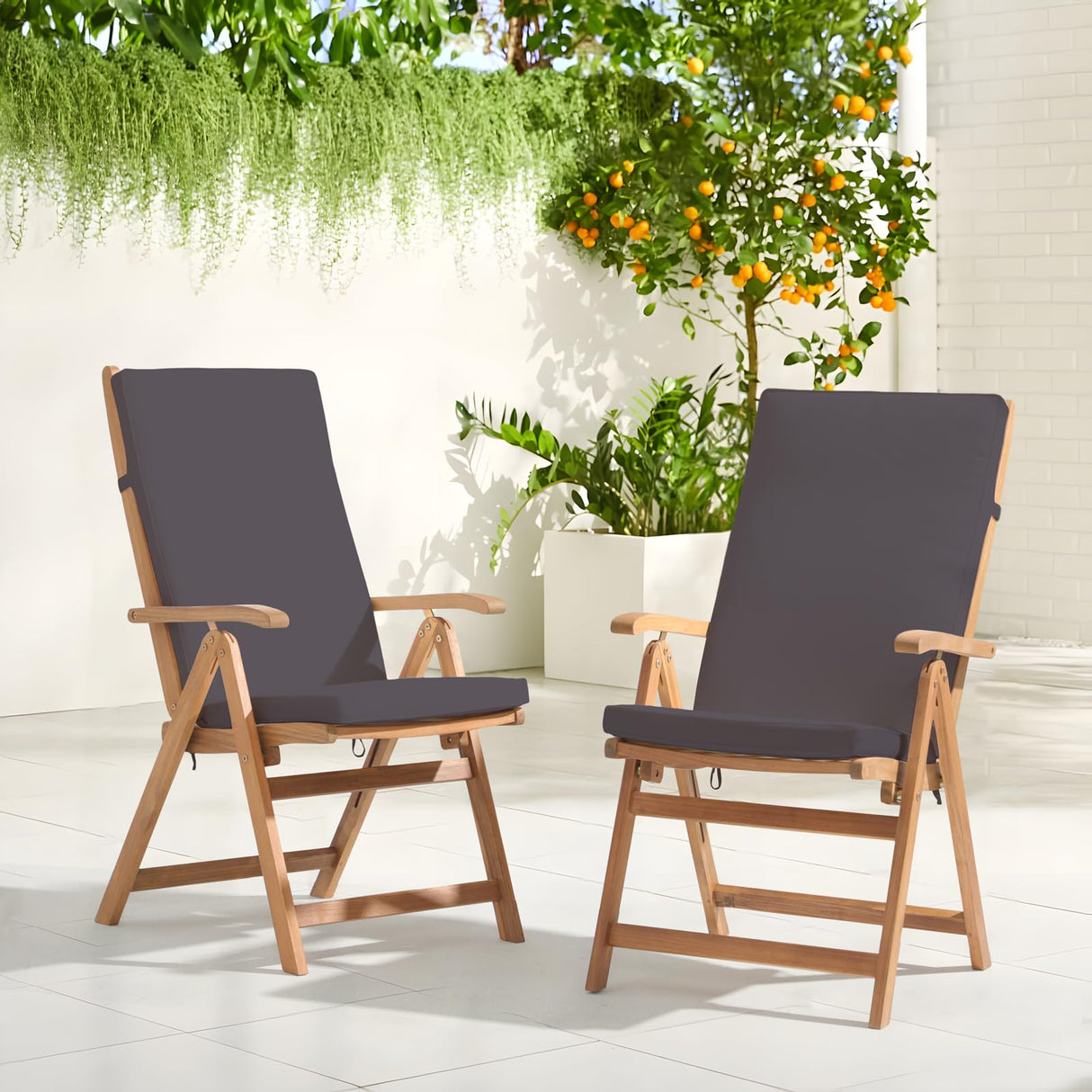 OC Orange-Casual Folding Patio Dining Chair Set of 2, Outdoor Acacia Wooden Reclining Chair w/Armrest & Removeable Cushion, FSC Certified Wood, for Porch, Backyard, Garden, Indoor, Dark Grey OC Orange-Casual