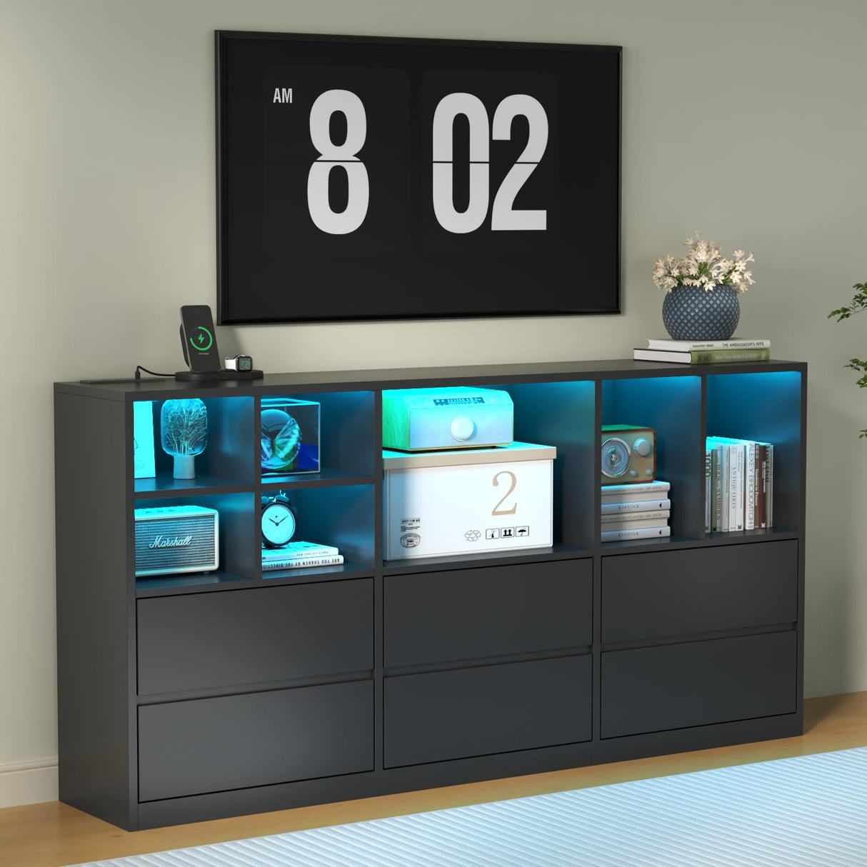 6 Drawers Dresser with 7 Storage Cubbies, LED Chest of Drawers with Power Outlet, 63" Triple Wide Long Dresser Organizer for Bedroom, Modern TV Stand with Open Shelf for Living Room, Entryway (Black) Gyfimoie