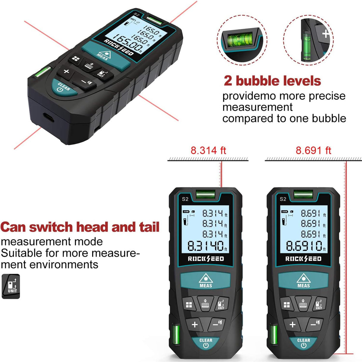 Laser Measure, RockSeed 165 Feet Digital Laser Distance Meter with 2 Bubble Levels,M/in/Ft Unit Switching Backlit LCD and Pythagorean Mode, Measure Distance, Area and Volume (165 Feet) RockSeed
