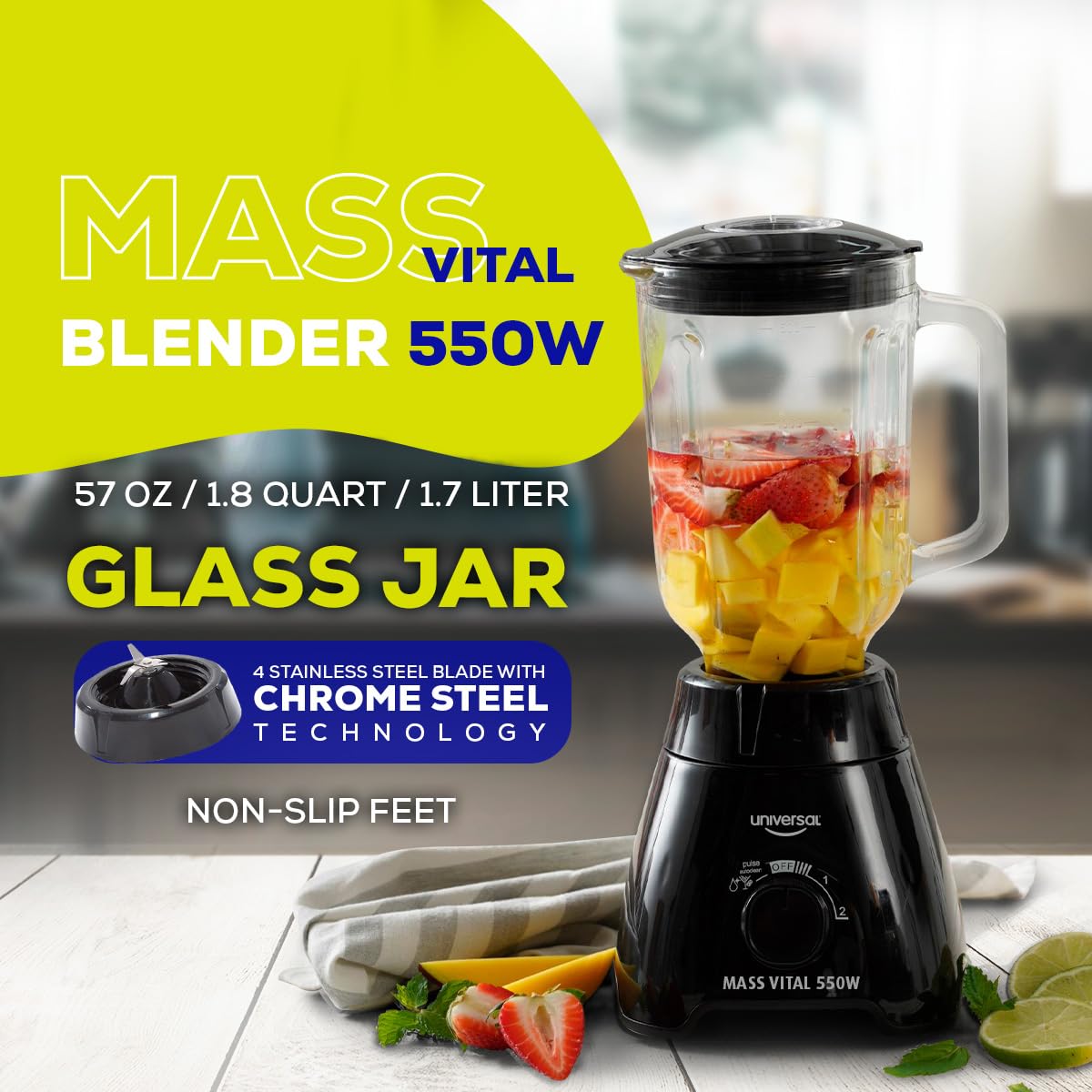 Universal 550W Mass Vital Blender with Glass Jar 57 Oz / 1.7 Liter / 1.8 Quart, 2 Speed + Pulse Function and 4 Stainless Steel Blade with Chrome Steel Technology universal