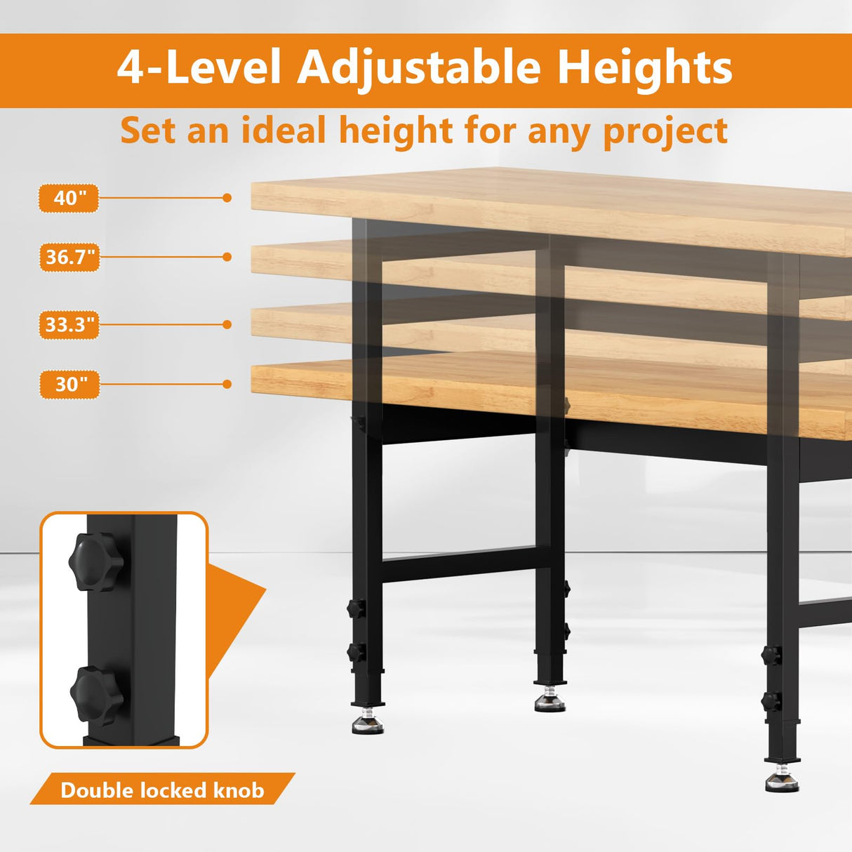 Pelnuies 60" Work Bench, Adjustable Height Workbench with Rubber Pad, Heavy-Duty Work Table with Power Outlets, 2000 LBS Capacity Workstation for Garage, Workshop, Office, Home Pelnuies