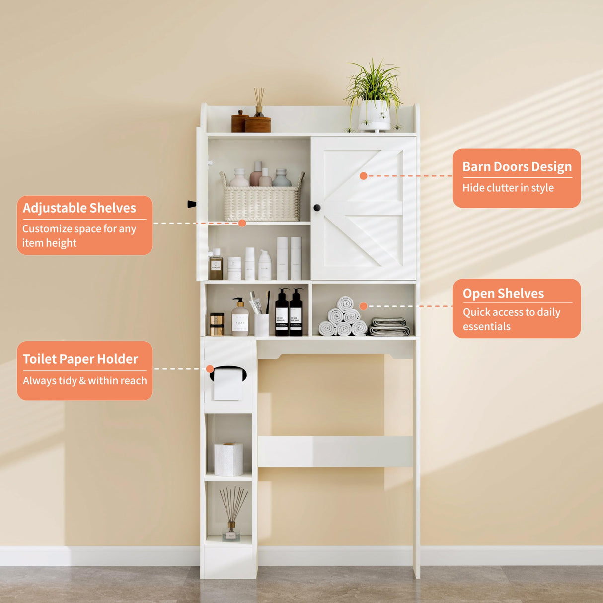 MUUEGM Over The Toilet Storage Cabinet with Barn Doors, White Bathroom Organizer, Farmhouse Tall Bathroom Storage Cabinet with Toilet Paper Holder, Above Toilet Shelf for Restroom, Laundry MUUEGM