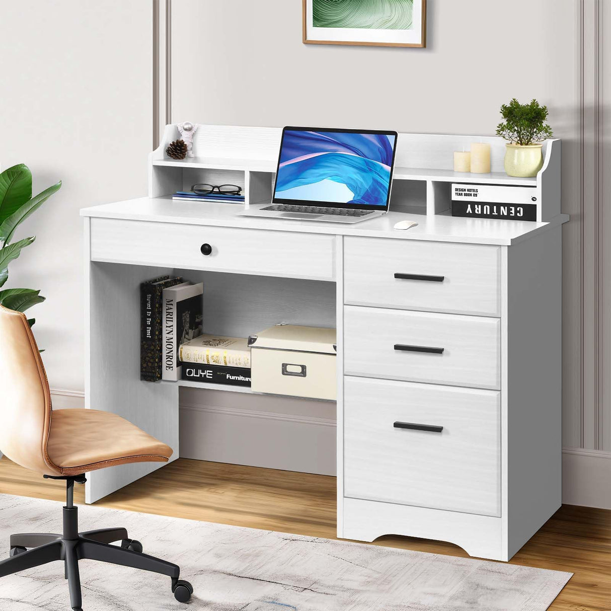 MaverickFurni White Desk with 4 Drawers, Computer Desk with Drawers and Hutch&Shelf, Wood Writing Home Office Workstation, Student Desks for Bedooms with Drawers, 38.2” H x20.5” D x44” W - White MaverickFurni