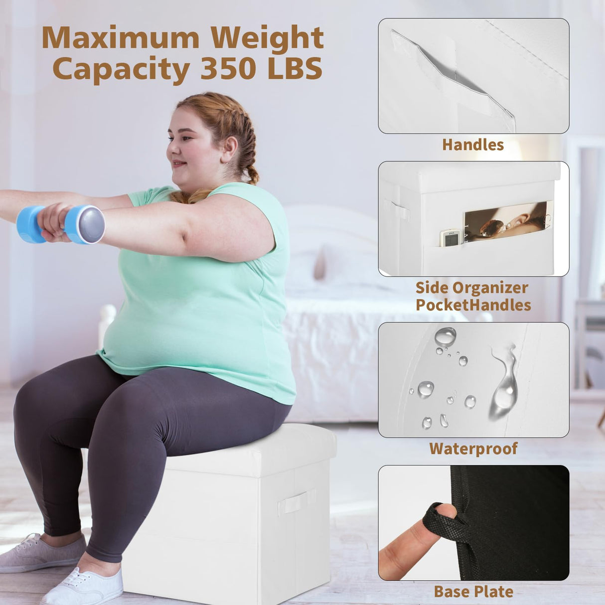 BelugaHelper Ottoman with Storage. Leather Foldable Ottomans with Thick Foam Padded Seat. Foot Rest Stool Storage for Living Room and Bedroom. Side Pockets and Handles Designed. 17x13x13in, White BelugaHelper