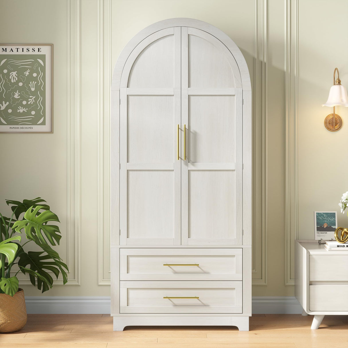 Maupvit Wardrobe Closet, Modern Armoire Wardrobe Closet with 2 Drawers and Arched Doors, 73" Tall Wooden Bedroom Armoires with Shelves and Hanging Rod, White Maupvit