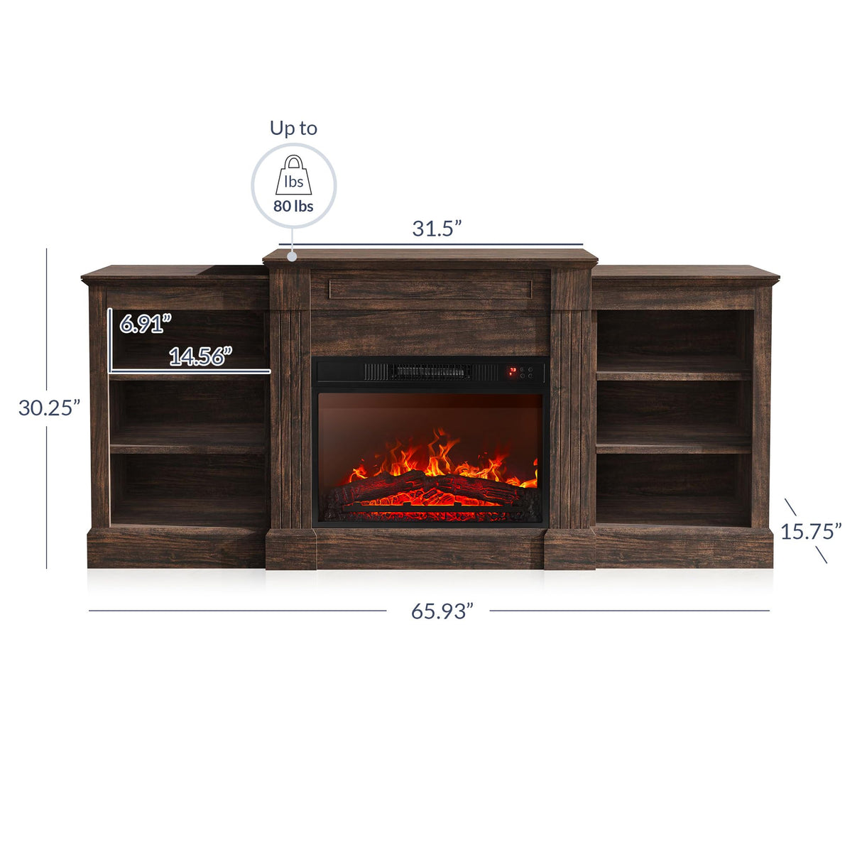 BELLEZE Modern 66" Electric Fireplace Heater Mantel TV Stand & Media Entertainment Center for TVs up to 66" with Energy-Efficient Heater With Sound and Side Shelves - Lenore (Brown) BELLEZE