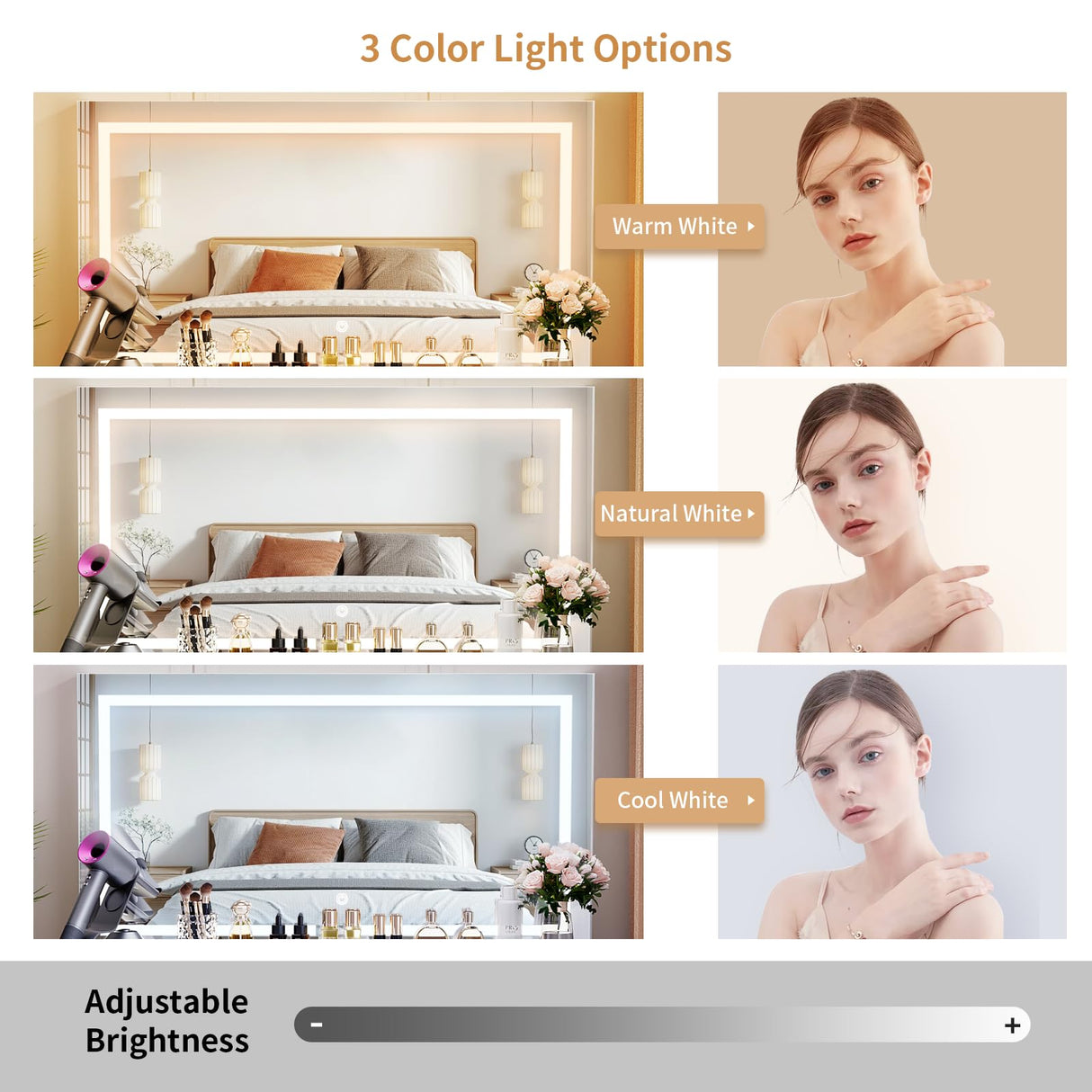 VOWNER Vanity with Lighted Mirror - Makeup Vanity Desk with Power Outlet and 9 Drawers, 3 Color Lighting Modes Adjustable Brightness, 43" Vanity Table with Soft Cushioned Stool for Bedroom, White VOWNER