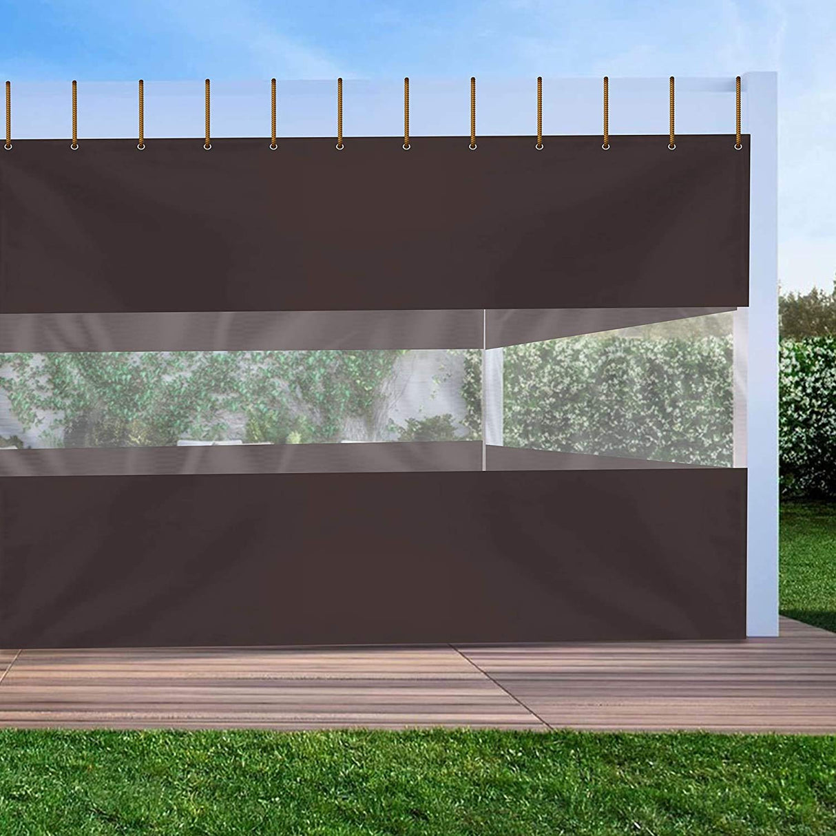 Covers & All Clear Panel Curtain, 12 oz Outdoor Curtains for Patio Waterproof, Tear & UV Proof Tarp with Brass Grommets, Ideal for Pergola, Porch, Gazebos (8H x 15W feet, Coffee) Covers & All