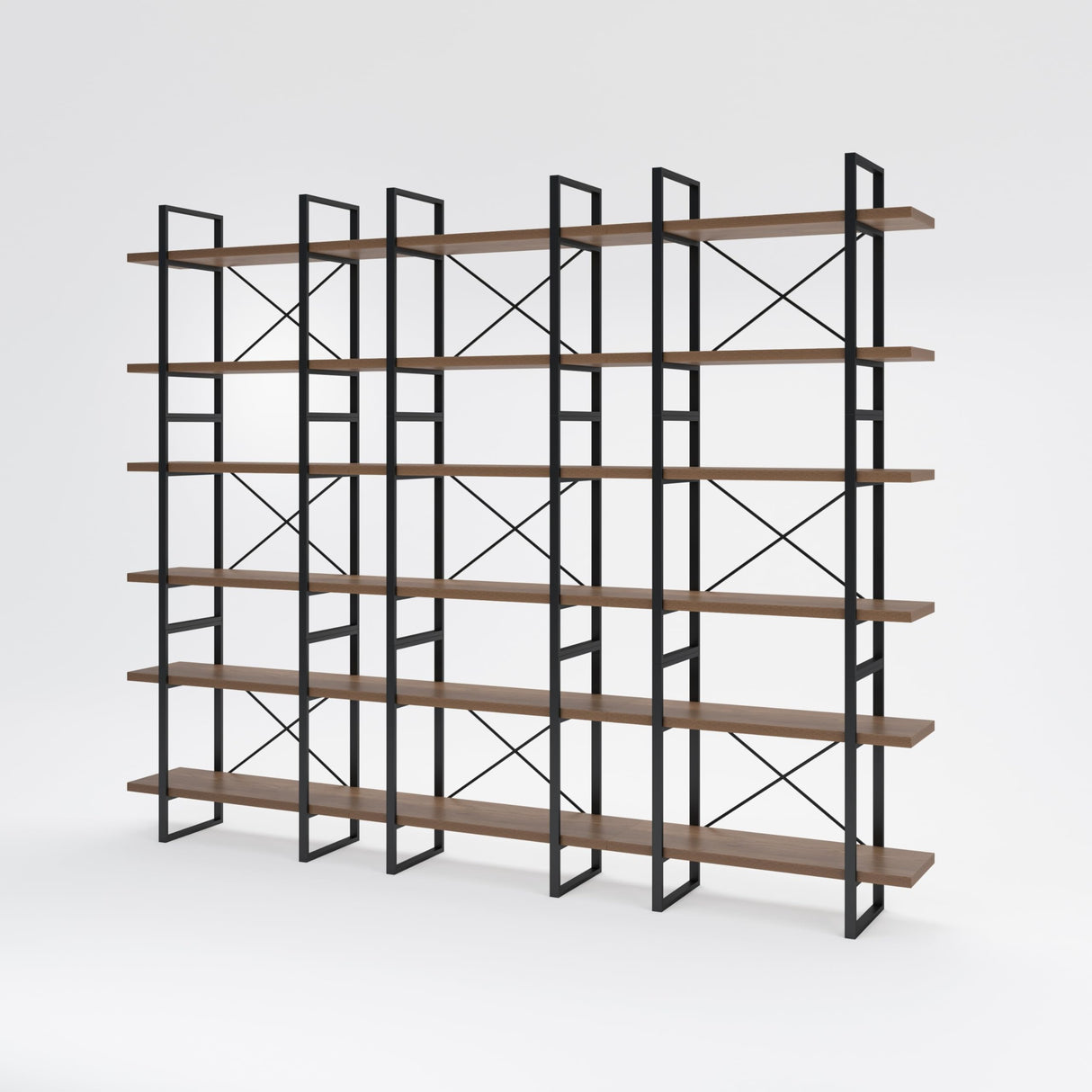 Brown Walnut Color 6 Tiers Display and Storage Room Divider Bookcase 85" H X W 12.6" D Black Modern Contemporary MDF Metal Finish Includes Hardware WoodArtSupply