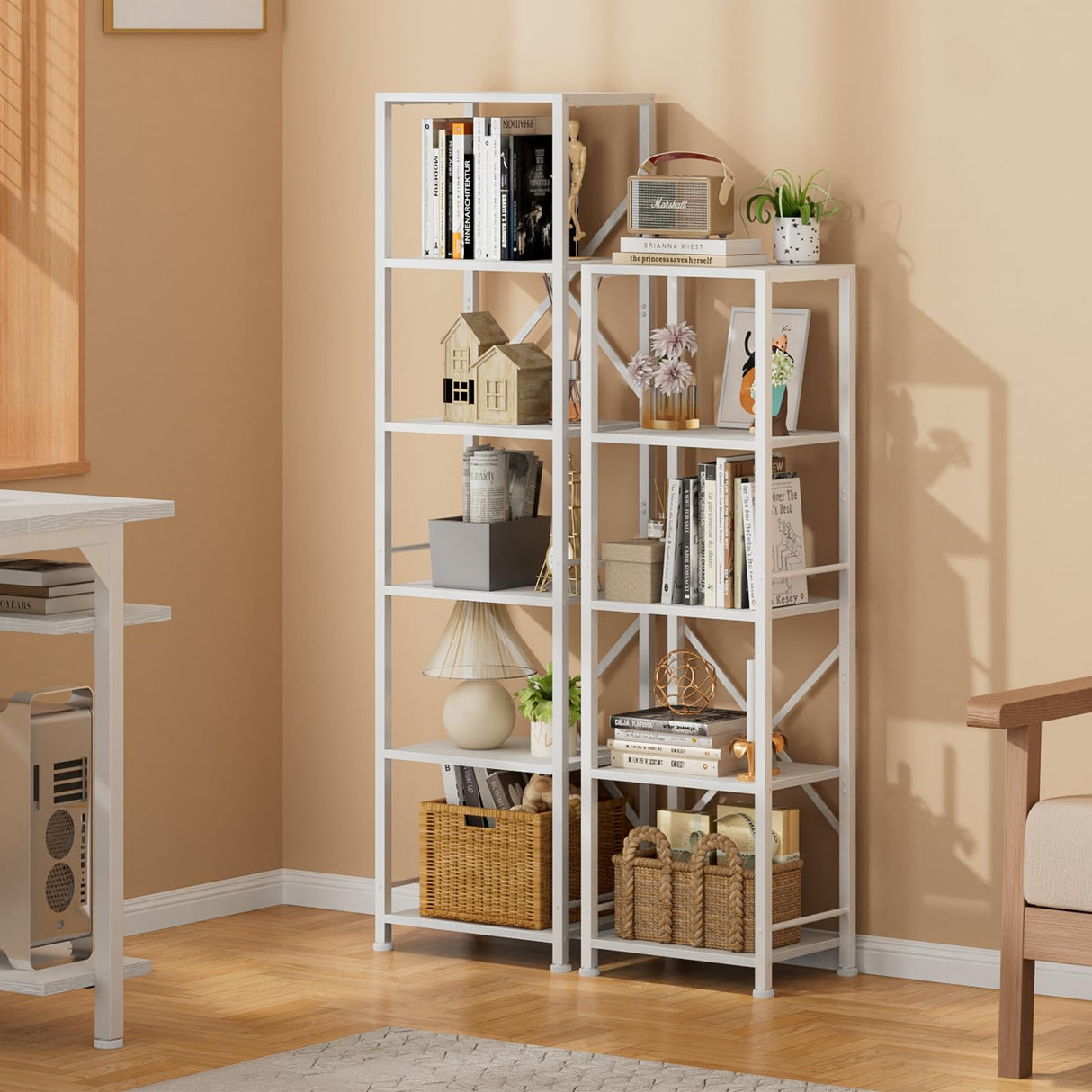 Furologee White Bookshelf 5 Tier Bookcase, Tall Narrow Bookshelves, Modern Freestanding Shelf Units, Metal and Wood Display Storage Corner Shelves Organizer for Bedroom, Living Room, Office, Bathroom Furologee