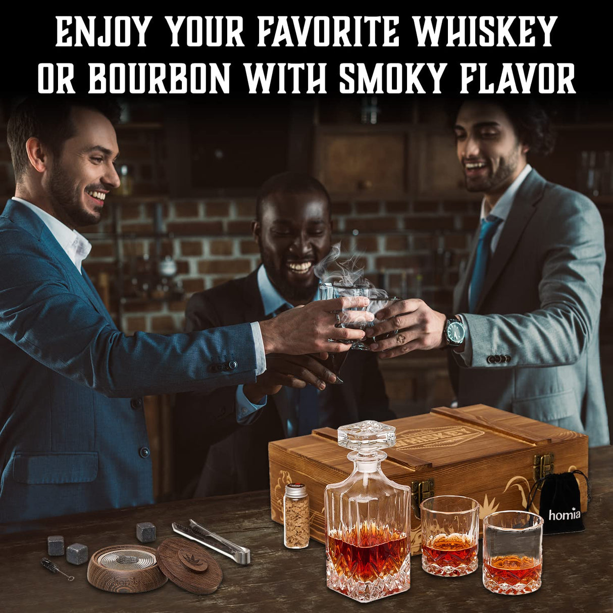 Whiskey Gift Set, 14 pcs - Whiskey Decanter + Wooden Smoker + Old Fashioned Glasses - 2 pcs, in Wooden Box with Wood Chips, Whiskey Stones 6 pcs Included - Gift for Men (Torch Not Included) homia