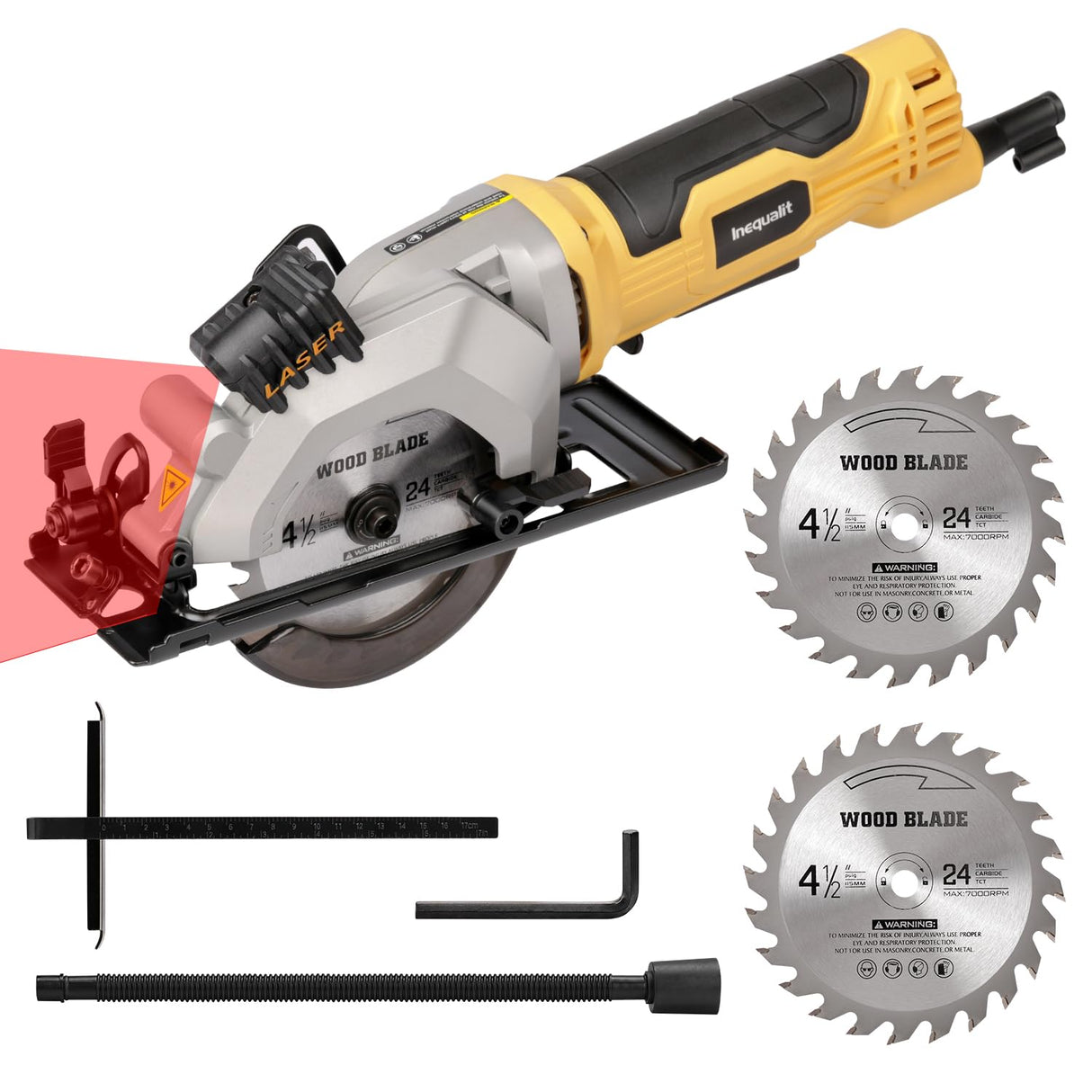 Inequalit 4Amp Mini Circular Saw, 3500RPM Corded Compact Saw with 4-1/2" 24T TCT Blades, Laser Guide, Rip Guide, Vacuum Adapter and Blade Wrench, Max Cutting Depth 1-11/16"(90°), 1-1/8"(45°) Inequalit
