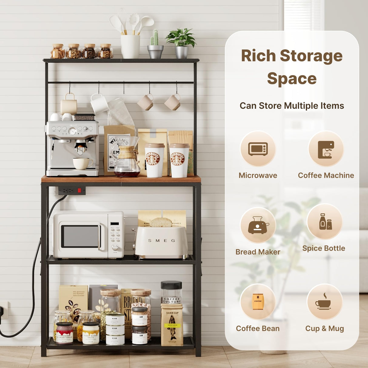 Txecpro kitchen Bakers Rack with Power Outlet, Coffee Bar Table 4 Tiers, Microwave Stand with 6 S-shaped Hooks, Kitchen Storage Shelf Rack for Spices, Pots and Pans,25.6" L x 12" W x 53.5" H Txecpro