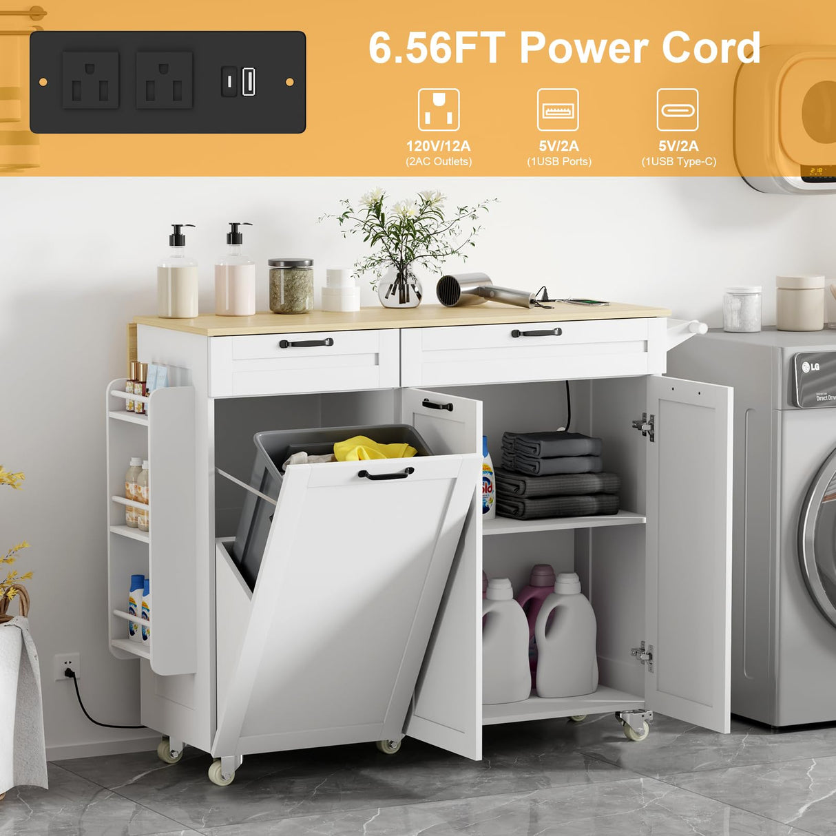 Rolling Kitchen Island with Power Outlet & Drop Leaf, Kitchen Island Cart with Trash Storage Cabinet,Kitchen Rolling Island with Spice Rack & Towel Rack, Knife Holder, Mobile Island Table for Kitchen GarveeHome