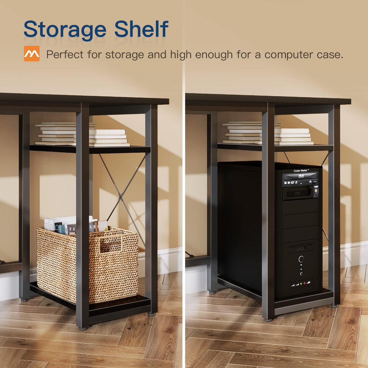 Coleshome L Shaped Computer Desk 66" with Power Outlet & Storage Shelves, Corner Sturdy Writing Desk Workstation, Modern Wooden Office Gaming Desk, Wood & Metal, Black Coleshome