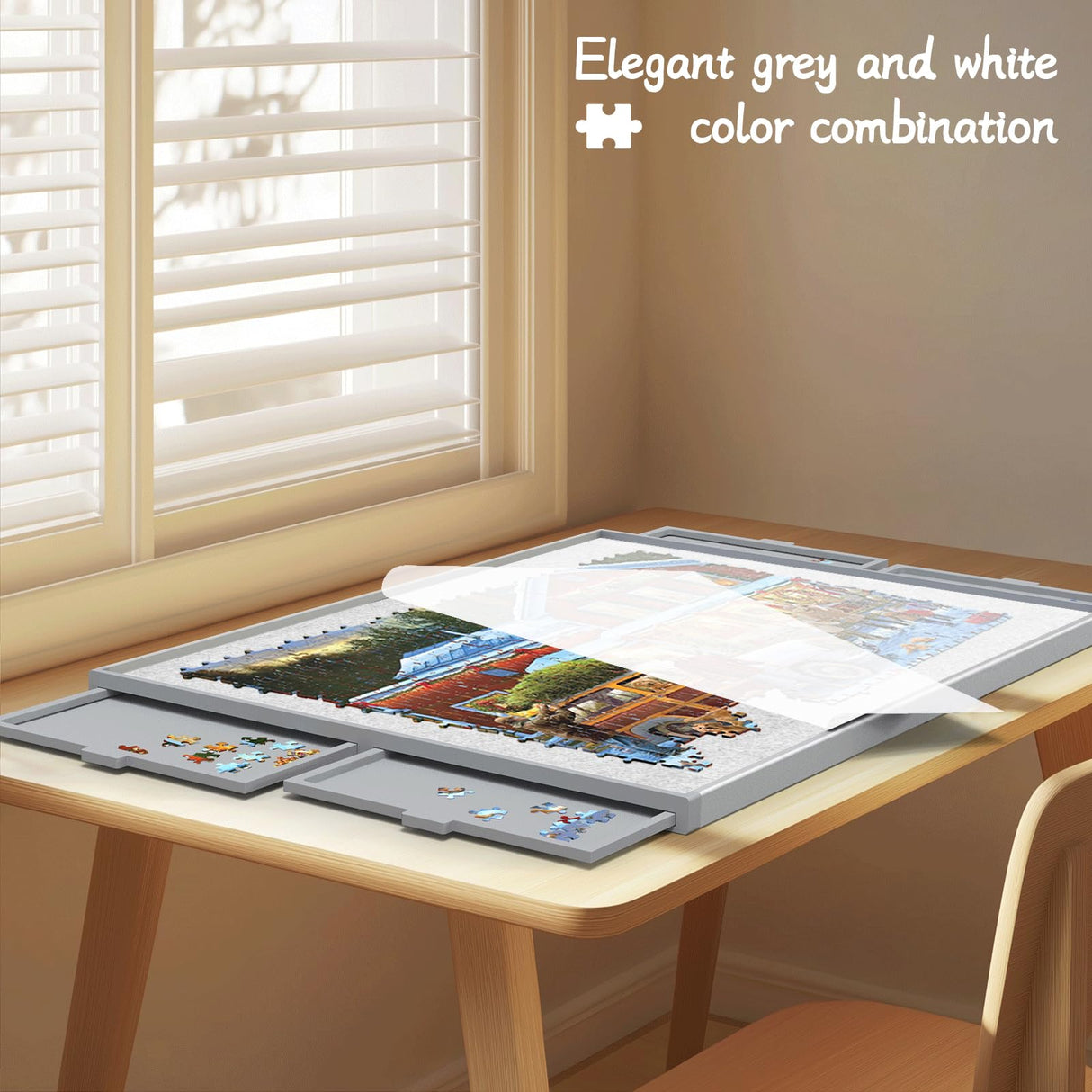 Puzzle Board 1500 Pieces,Jigsaw Puzzle Board with Adjustable Tilting Pole,Felt Surface and Cover,Grey Tilting Puzzle Board with Drawers