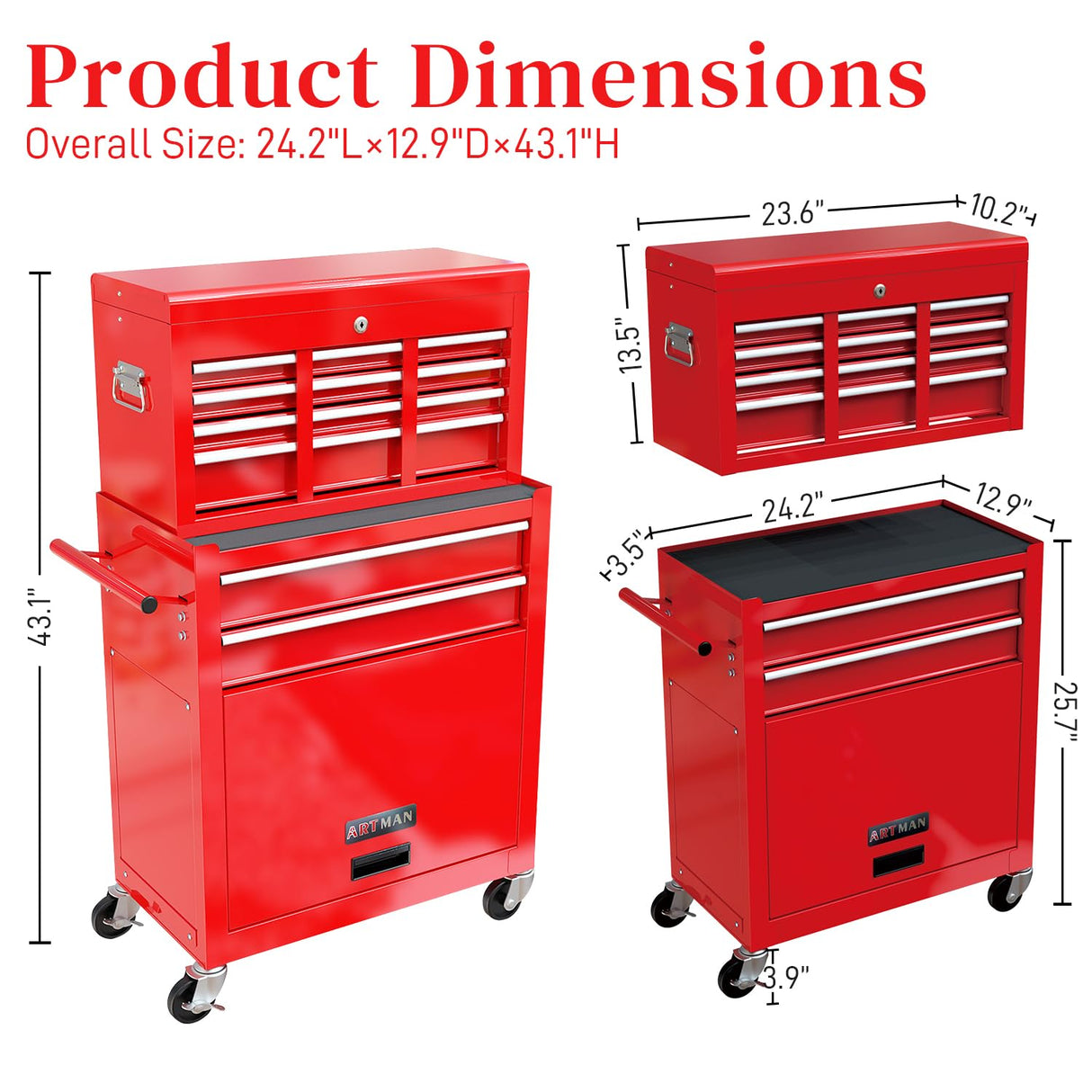 WTRAVEL High Capacity Rolling Tool Chest with 8-Drawer Tool Box on Wheels Multifunctional Tool Cart Mechanic Tool Storage Cabinet for Garage, Warehouse, Workshop, Repair Shop (Red) WTRAVEL