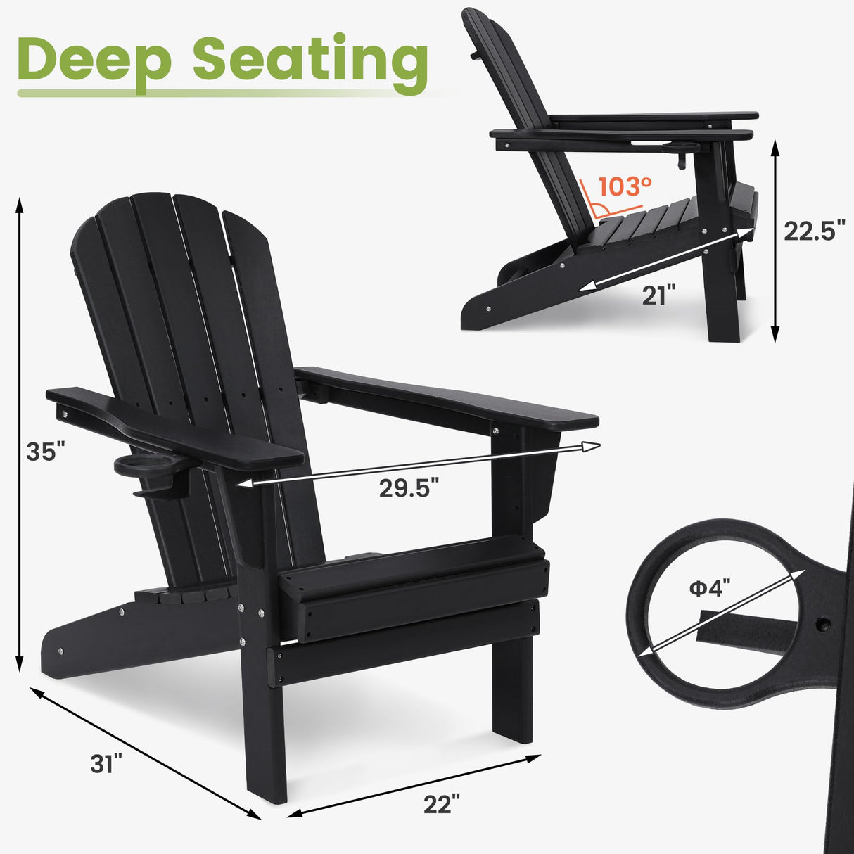 wildformers Adirondack Chair, Set of 2, Weatherproof Outdoor Fire Pit Chair, Perfect for Patio, Porch, Deck, and Garden, Black wildformers