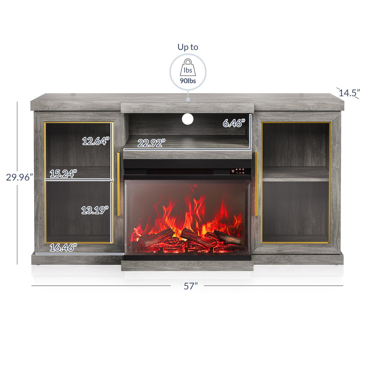 BELLEZE 57" TV Stand with 23" Electric Fireplace Heater with Sound, Entertainment Center for TVs Up to 65", Glass Door Storage Cabinet with 3-Side Glass Display Fireplace for Living Room, Bedroom-Grey BELLEZE