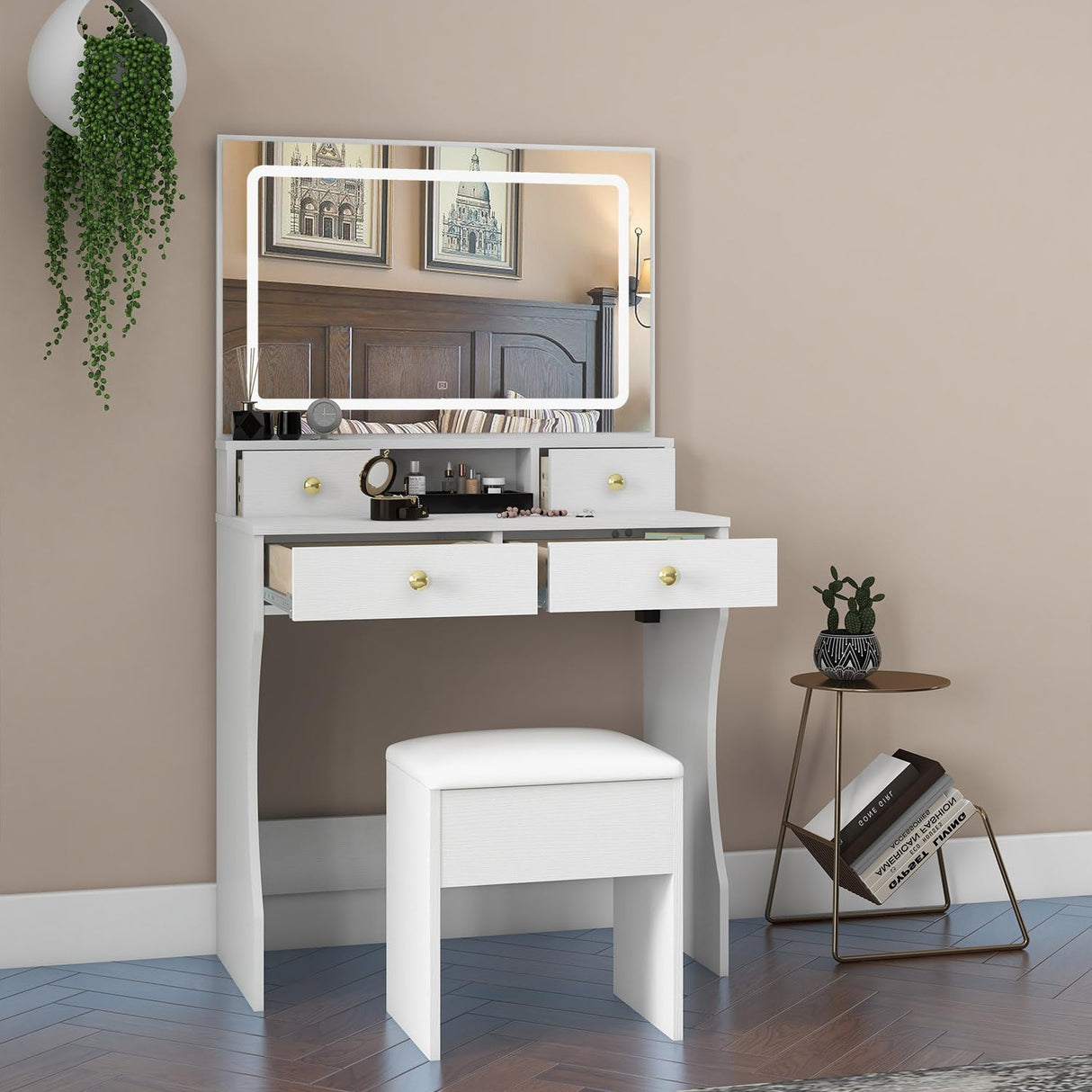 Vanity Desk Set with Adjustable LED Lighted Mirror, Girls Makeup Dressing Table with Stool and 4 Drawers Storage Makeup Table with Power Outlet for Bedroom (White) Panana