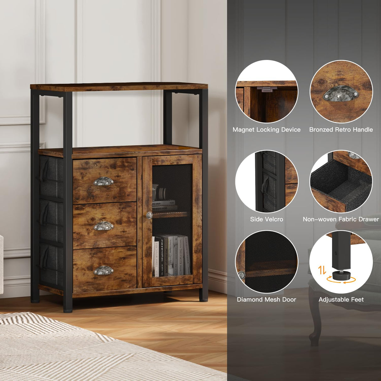 Homeiju Storage Cabinet, Bathroom Storage Cabinet Organizer with 3 Removable Drawers and 1 Door, Industrial Floor Storage Cabinet for Kitchen, Living Room, Bathroom, Home Office Homeiju