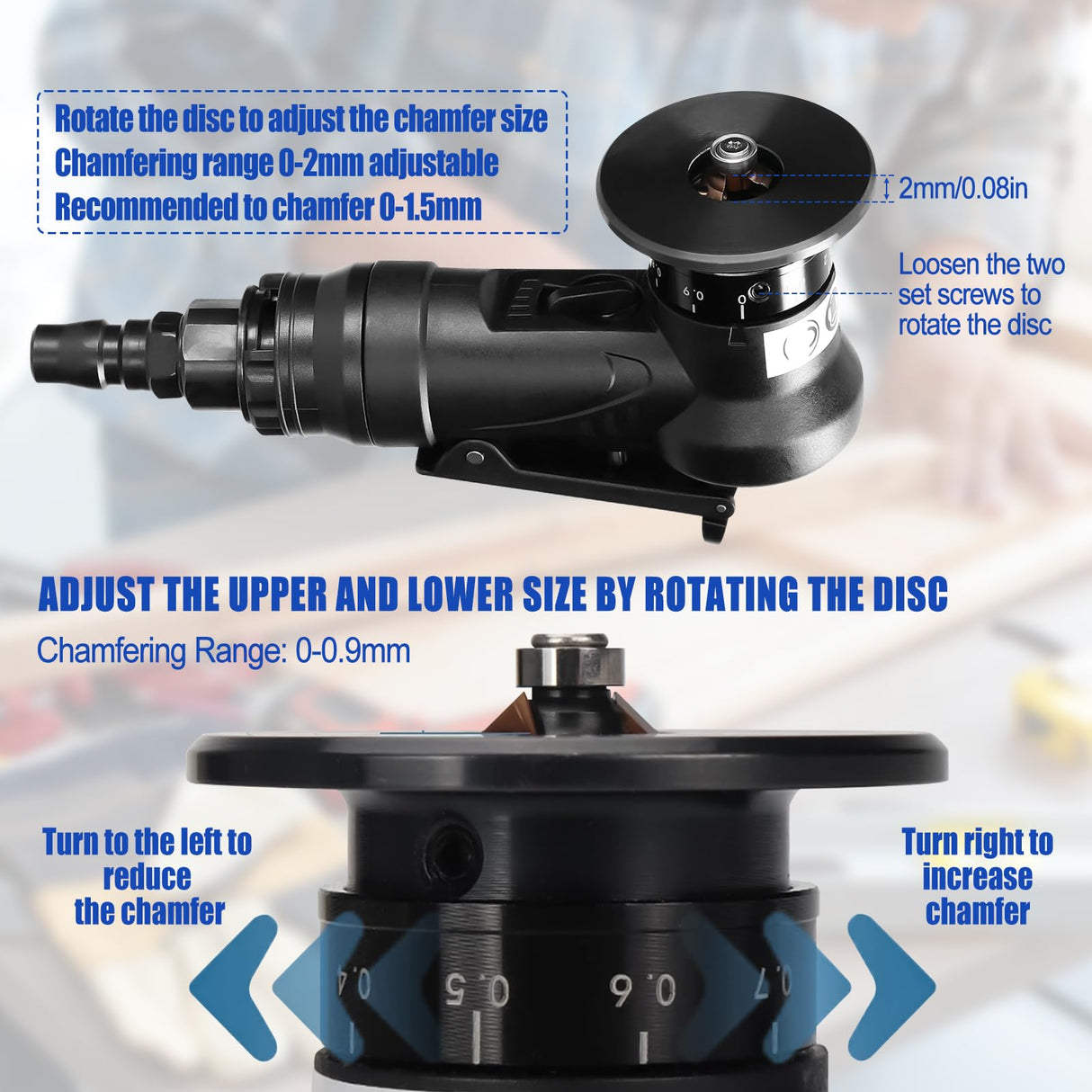 Pneumatic Chamfering Tool Handheld, Mini Air-Powered Chamfering Machine Trimming, 45° Arc Corner with 1/4 Inch Air Inlet for Metal Wood Beveling Deburring (C&R Angle Blades) dcvbny