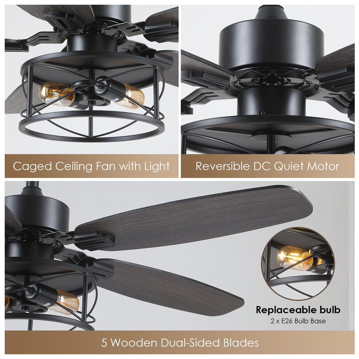 Dannilong Farmhouse Ceiling Fan with Light and Remote 52" Rustic Flush Mount Ceiling Fans 5 Dual Finish Blades Carnegie Industrial Fandelier for Living room Bedroom Patio E26 Dannilong