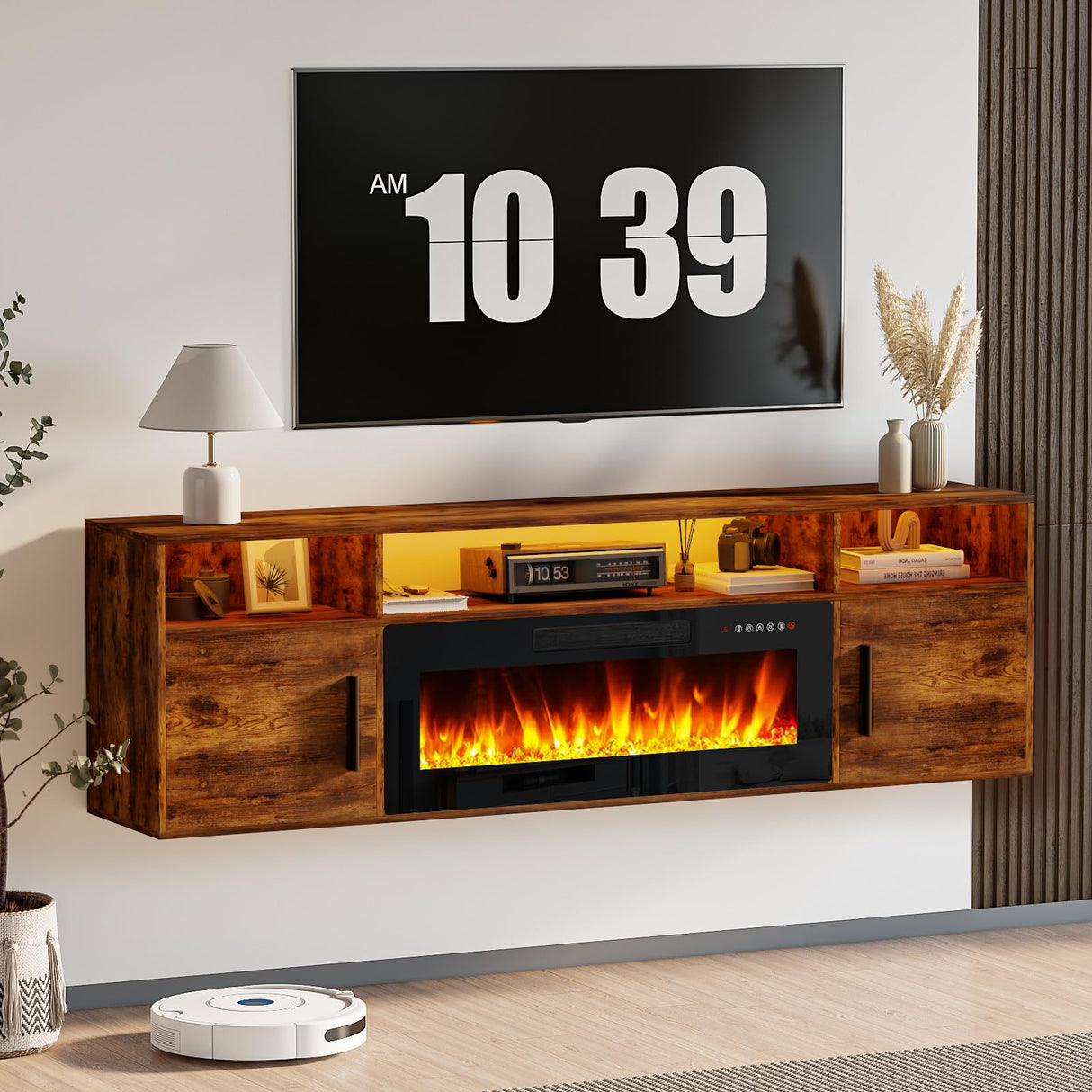 LEMBERI Floating Fireplace TV Stand 70'' Wall Mounted Shelf, LED Light Entertainment Center and Storage, Modern Wood Media TV Console with Highlight Cabinet for Living Room (Brown) LEMBERI
