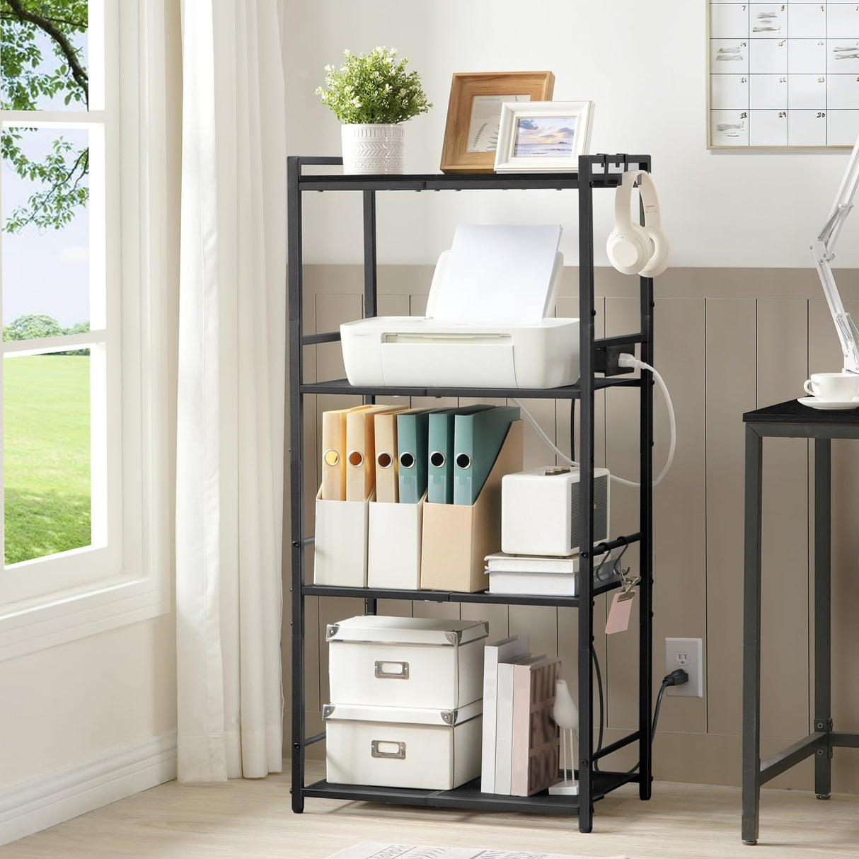 MAHANCRIS Bakers Rack with Power Outlet, Microwave Stand with Hooks, Multifunctional Storage Rack, Coffee Bar with Enclosure, Kitchen Storage Shelf, for Kitchen, Dining Room, Black BRHB40E01 MAHANCRIS