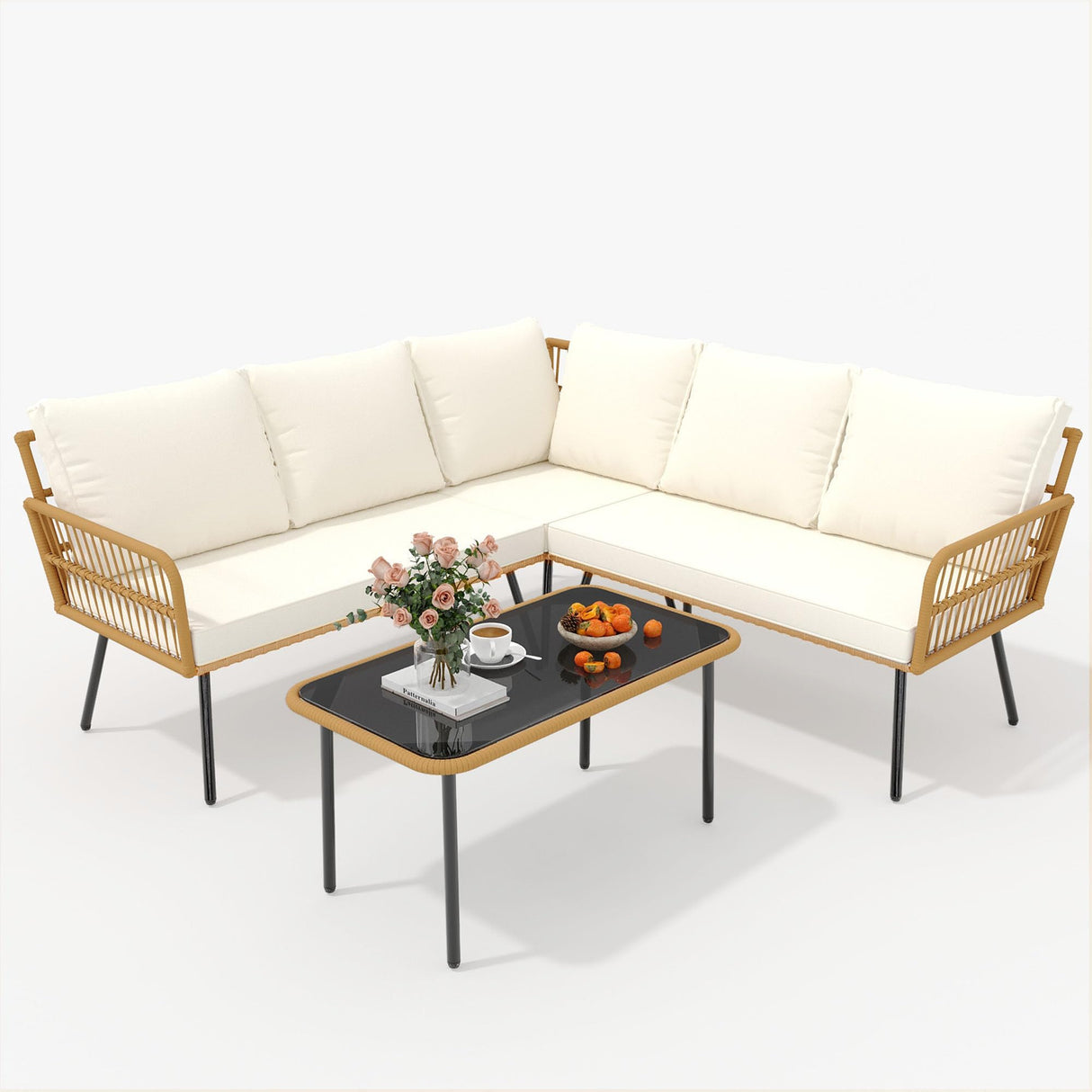 Garvee Outdoor Wicker 4-Piece Patio Furniture Set - L-Shaped Sectional with Cushions, Side Table & Chairs, Boho Rattan 5-Seater Conversation Set for Backyard, Porch, Apartment (Beige) Garvee