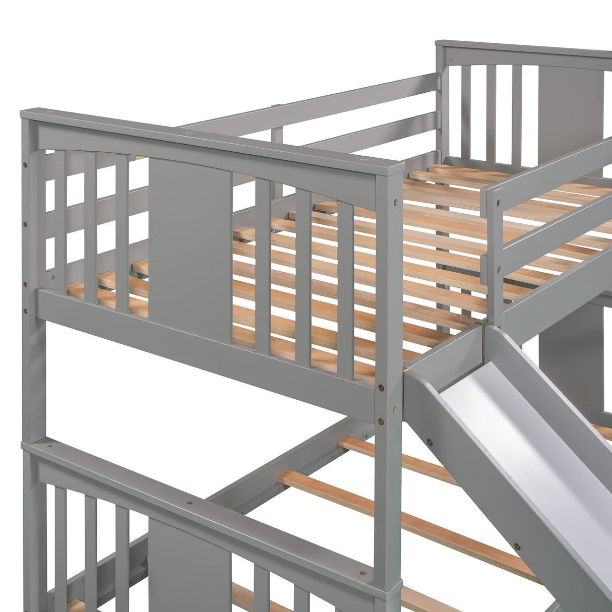 Montessori Floor Bunk Bed Twin Over Twin, Twin Bunk Bed with Slide and Ladder, Kids Bunk Beds with Guardrail Headboard and Footboard, Low Bunk Beds for Kids, Boys, Girls, Twin Bunk Bed Gray Bellemave