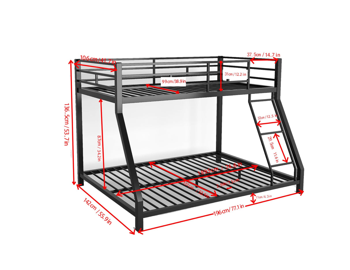 EMKK Twin Over Full Bunk Bed for Adults, Metal Bunk Beds Twin Over Full Size for Teens Dorm Bedroom Guest Room,Heavy Duty Bunk Beds with Ladder and Safety Full Length Guardrail (Black G) EMKK