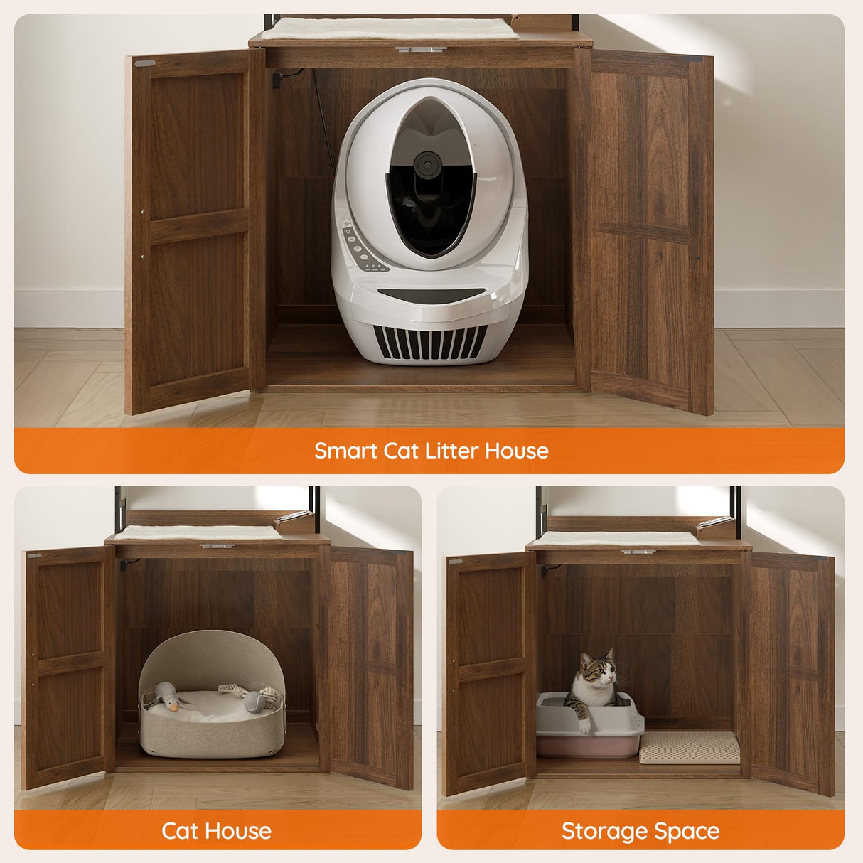 HOOBRO Cat Automatic Litter Box Enclosure Furniture, 30.5" L x 26.8" W x 61" H, Hidden Robotic Litter Box Cabinet, Dog-Proof Shelf with Charging Station, Scratching Mat, Bowls, Walnut WL68UMZ03N1 HOOBRO
