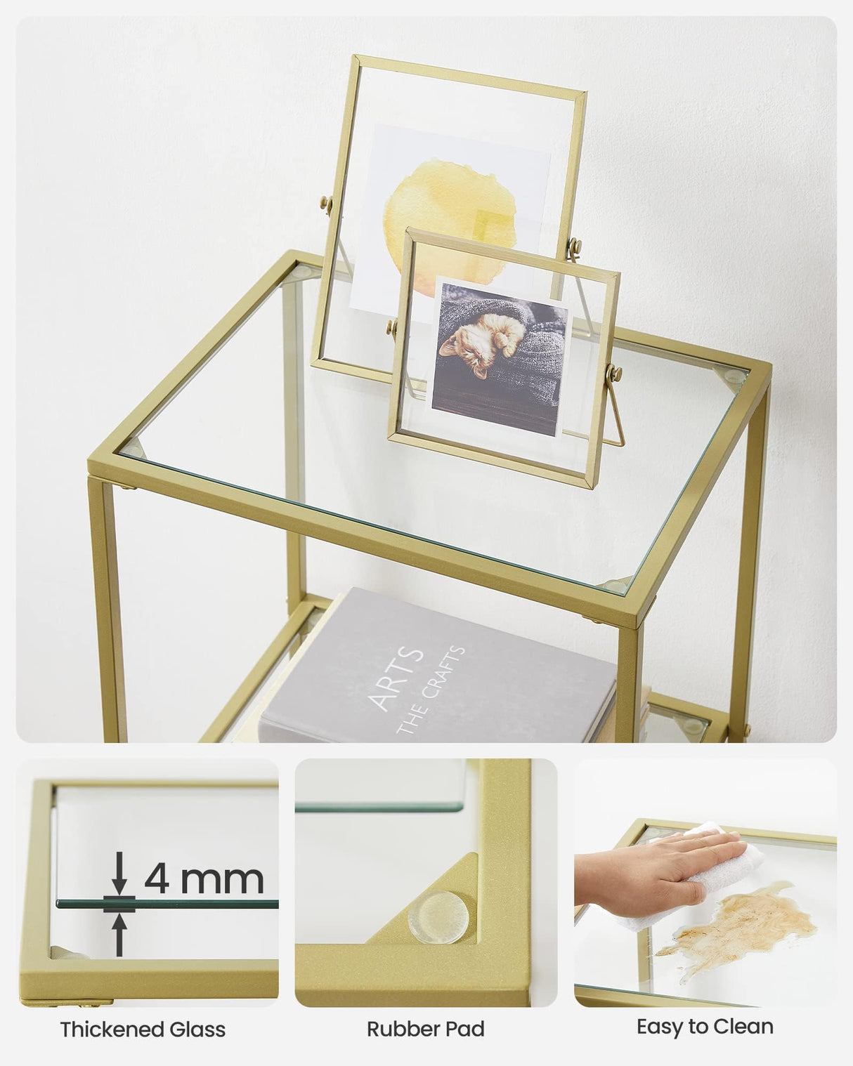 VASAGLE Bookcase, 6-Tier Bookshelf, Slim Shelving Unit for Bedroom, Bathroom, Home Office, Tempered Glass, Steel Frame, Metallic Gold ULGT500A01 VASAGLE